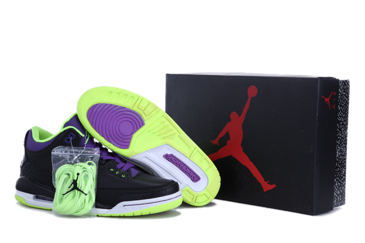 2013 Air Jordan Retro 3 Black Green Purple Shoes - Click Image to Close