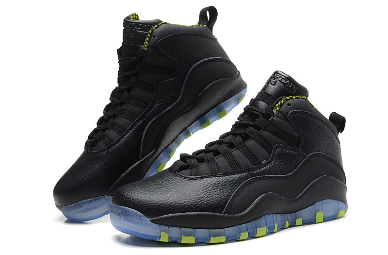 2014 New Jordan 10 Retro Transparent Sole All Black Yellow Shoes