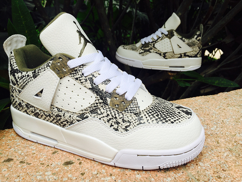 2015 Air Jordan 4 SnakeSkin White Army Green Shoes