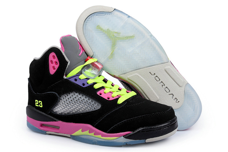 New Arrival Jordan 5 Black Fluorescent Green Peach Shoes For Women - Click Image to Close