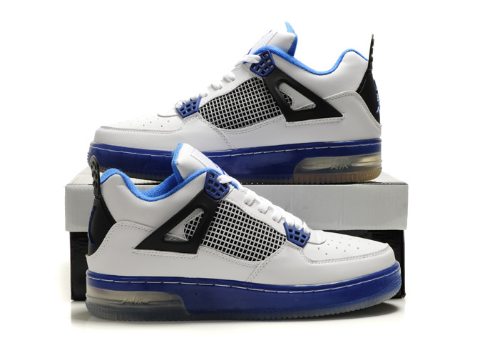 Nice Air Force Jordan 4 Shine Sole White Blue Black Shoes - Click Image to Close