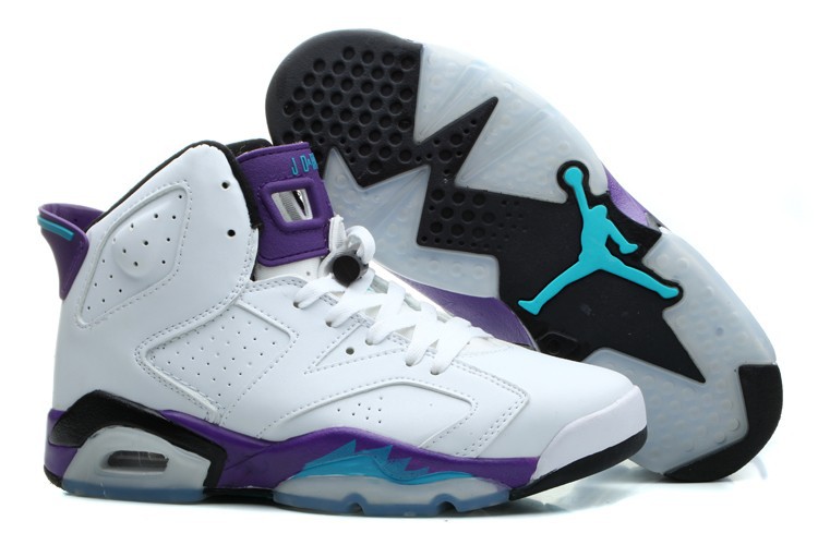 white purple and teal jordans