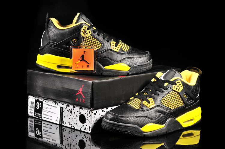 Air Jordan 4 Fish Pattern Black Yellow Shoes