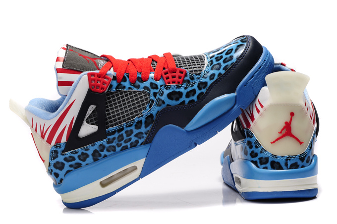 Authentic Air Jordan 4 Leopard Print Blue Black White Red Shine Shoes