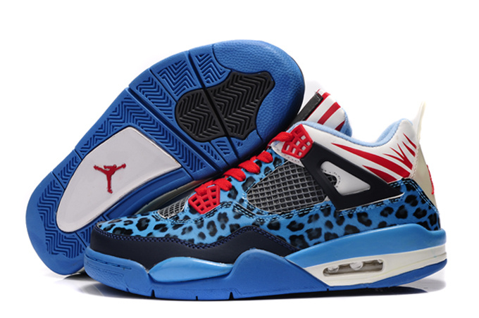 Kids Air Jordan 4 Leopard Print Blue Black White Red Shine Shoes