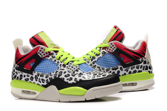 Kids Air Jordan 4 Leopard Print White Black Green Red Shine Shoes