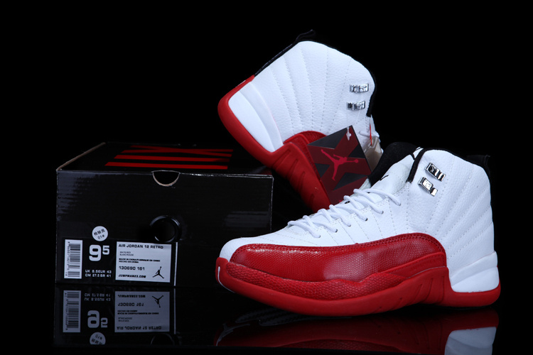 Chalcedony Air Jordan 12 White Red Shoes - Click Image to Close