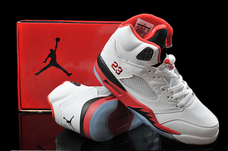 New Arrival Hardback Air Jordan 5 White Red Black Shoes - Click Image to Close