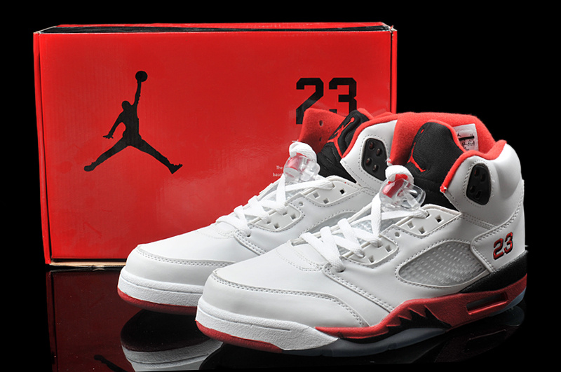 New Arrival Hardback Air Jordan 5 White Red Black Shoes - Click Image to Close