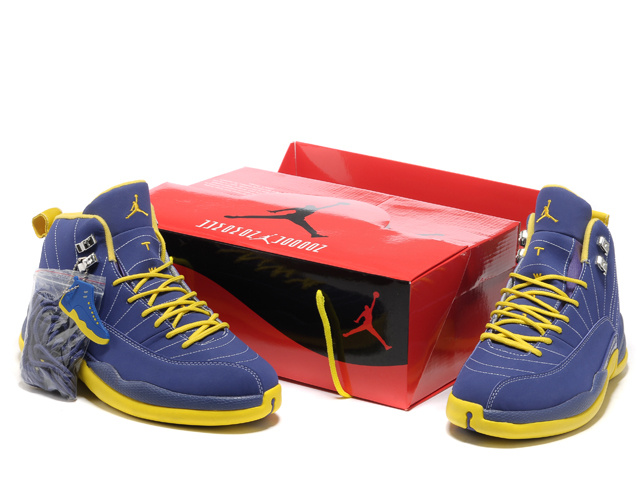 Hardcover Air Jordan 12 Blue Yellow Shoes - Click Image to Close