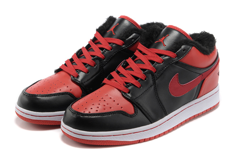 Low Air Jordan Retro 1 Wool Black Red White Shoes - Click Image to Close