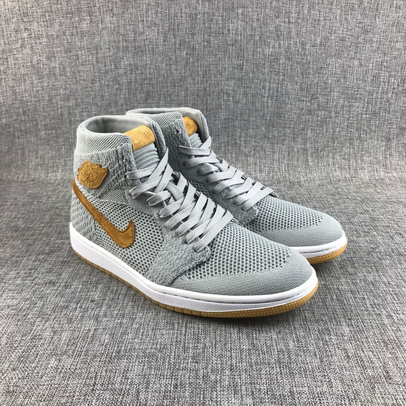 New Air Jordan 1 Flyknit Grey Yellow Shoes - Click Image to Close