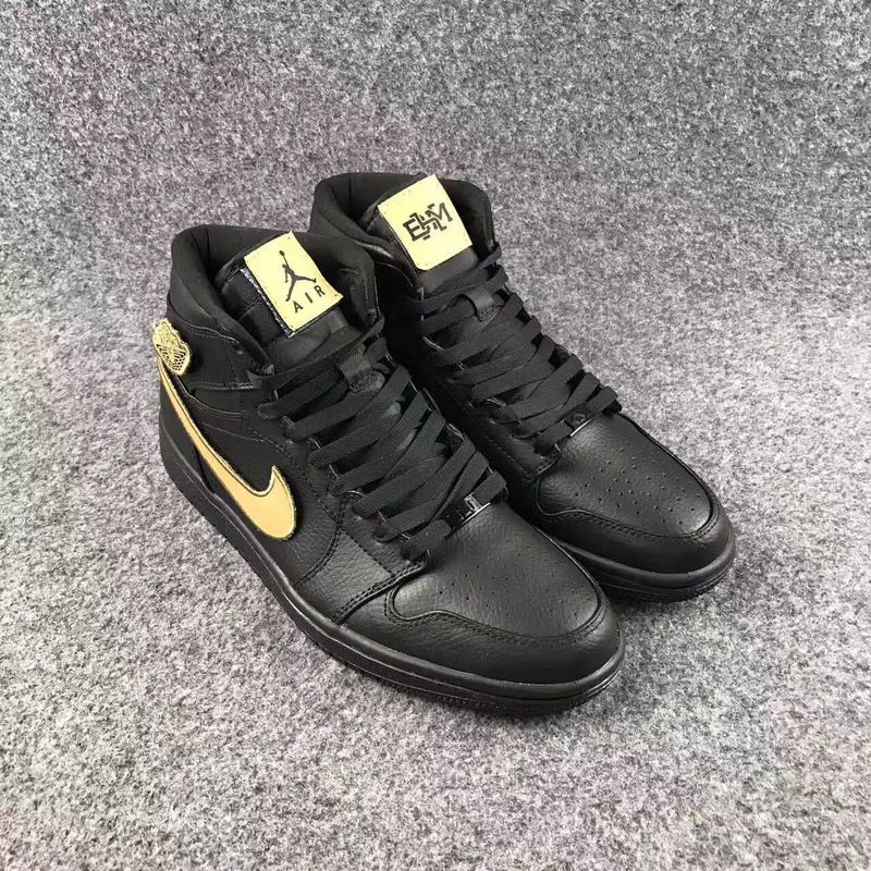 New Air Jordan 1 High BHM All Black Gold Shoes - Click Image to Close