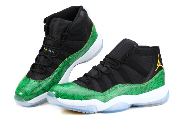 New Air Jordan 11 Retro Low Black Green Snake Skin White Shoes - Click Image to Close