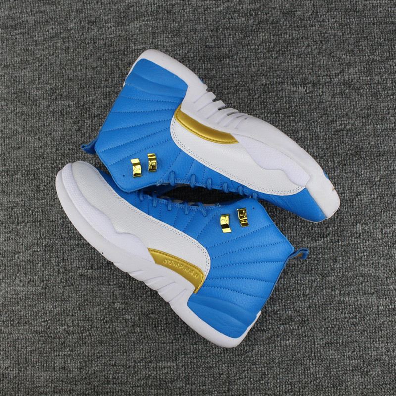 New Air Jordan 12 Blue Gold White Shoes - Click Image to Close