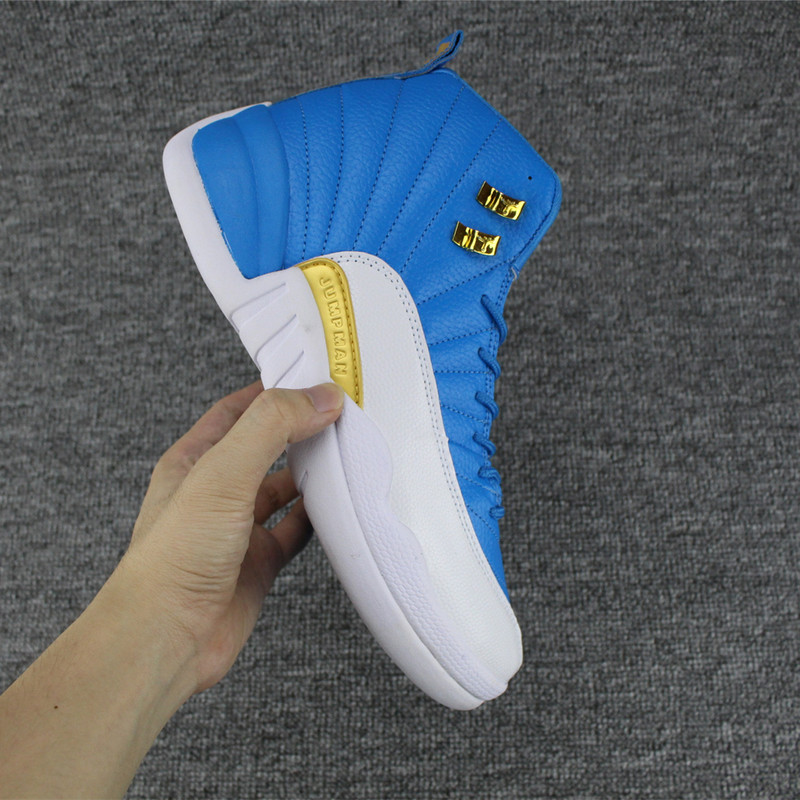 New Air Jordan 12 Blue Gold White Shoes - Click Image to Close