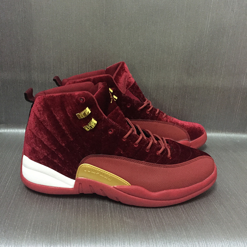 New Air Jordan 12 Velvet Wine Red Gold Shoes