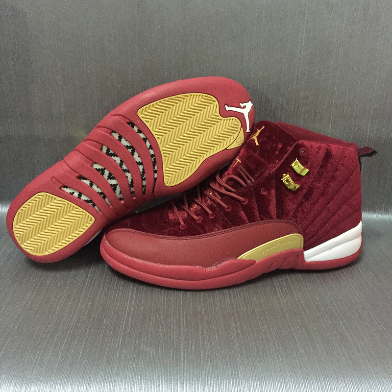 New Air Jordan 12 Velvet Wine Red Gold Shoes