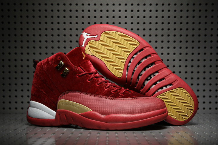 New Air Jordan 12 Velvet Wine Red Yellow White Shoes