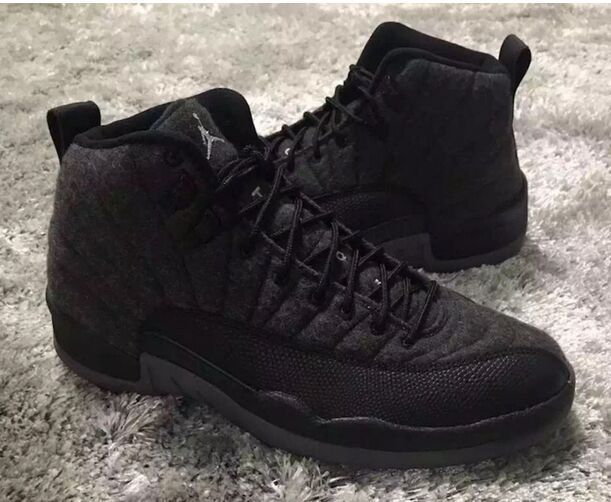 New Air Jordan 12 Wool All Black Shoes - Click Image to Close