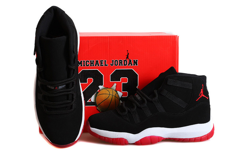 New Jordan 11 Retro Bred Nubuck Black Red Shoes - Click Image to Close