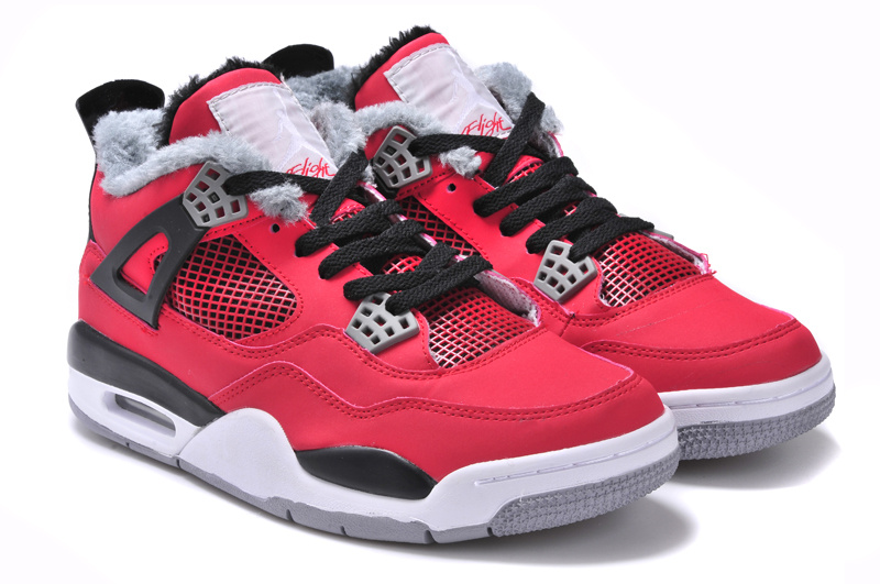 New Arrival Jordan 4 Retro Red Black White Grey with Wool