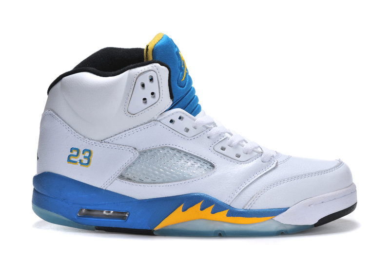 New Arrival Jordan 5 Retro White Bue Yellow Shoes - Click Image to Close