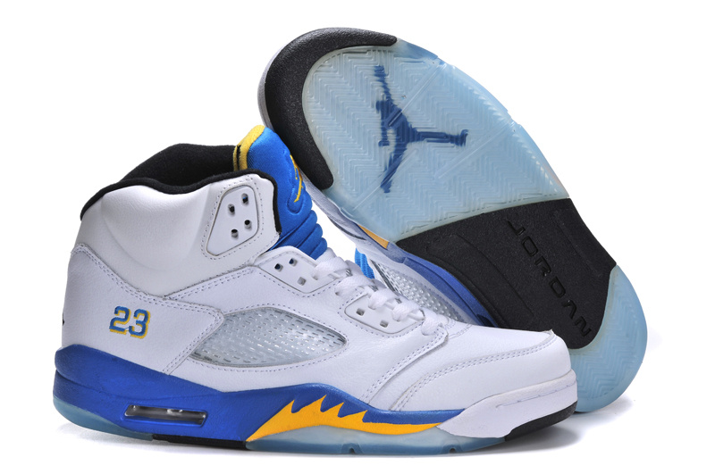 New Arrival Jordan 5 Retro White Bue Yellow Shoes - Click Image to Close