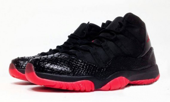 Official Air Jordan 11 Snake Skin Black Red Shoes