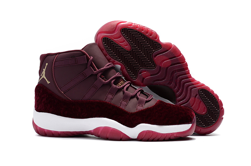 Official Air Jordan 11 Velvet Pattern Wine Red White Gold Shoes