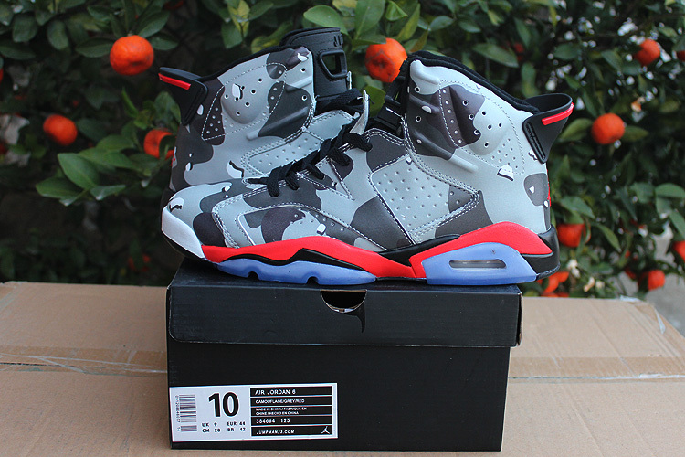 Original Jordan 6 Retro Camouflage Grey Red Shoes - Click Image to Close