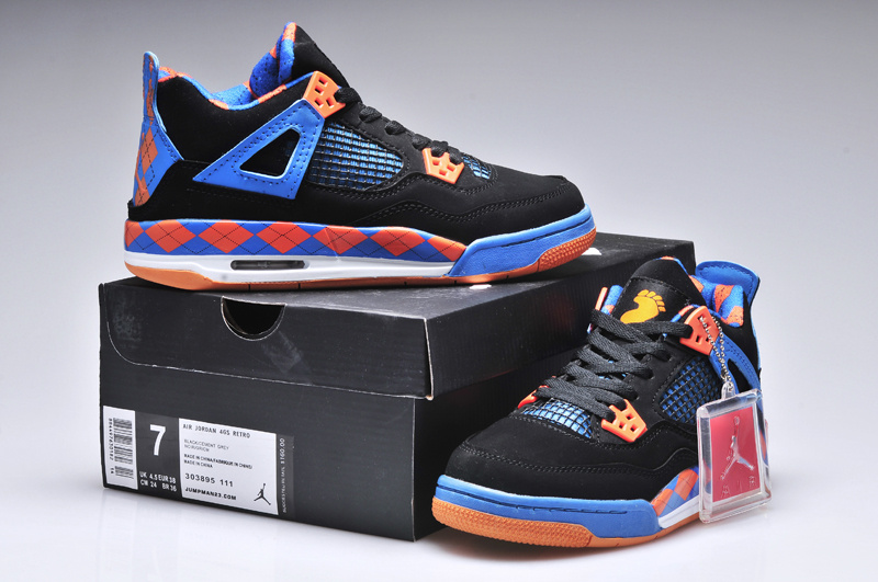 New Women Jordan 4 Barefoot Print Black Blue Orange Shoes