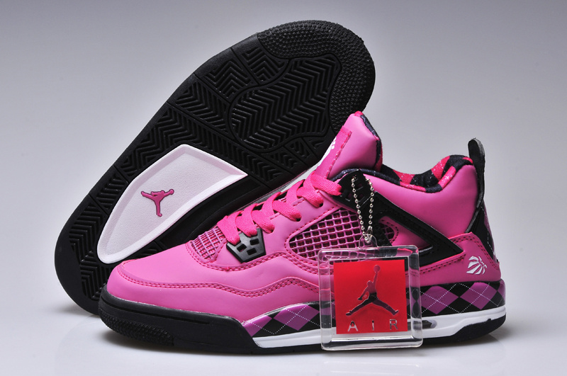 New Women Jordan 4 Barefoot Print Pink Black Shoes