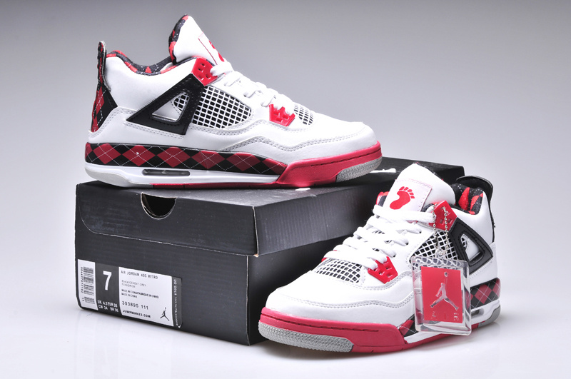 New Women Jordan 4 Barefoot Print White Red Black Shoes