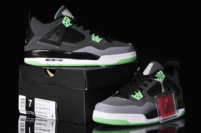 New Women Jordan 4 Oreo Black Grey Green Shoes - Click Image to Close