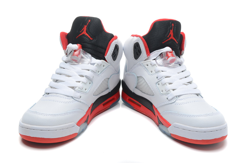 New Women Jordan 5 White Black Red Shoes - Click Image to Close