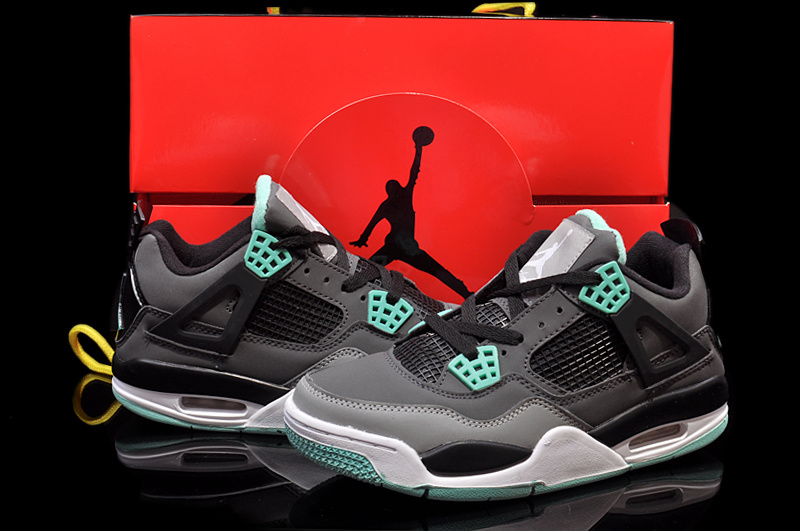 New Womens Jordan 4 Hardback Black Grey Green White Shoes - Click Image to Close