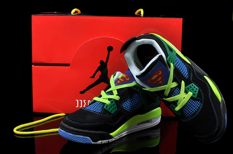 New Womens Jordan 4 Hardback Black Yellow Green Blue Shoes - Click Image to Close