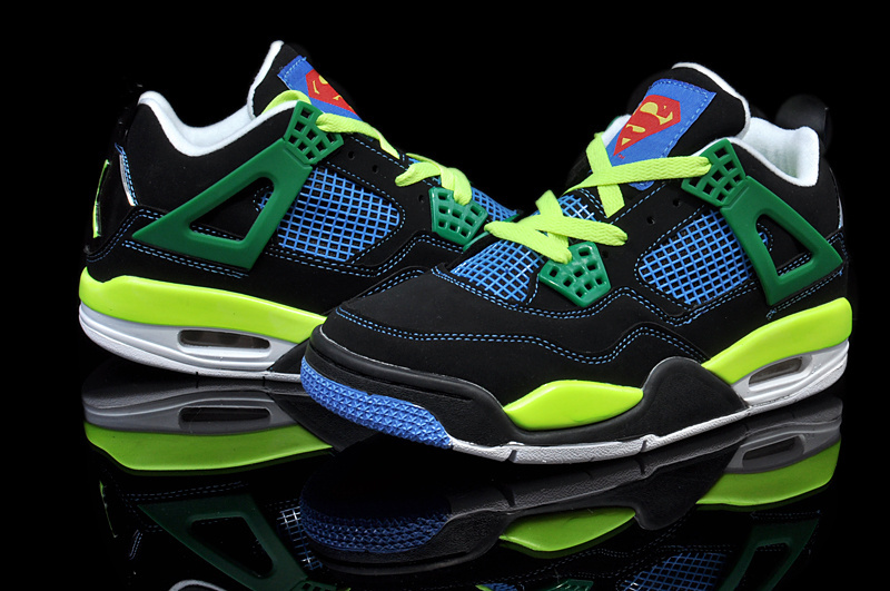 New Womens Jordan 4 Hardback Black Yellow Green Blue Shoes